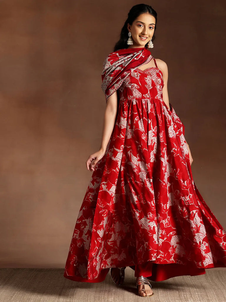 Libas Red Printed Silk Blend Anarkali Suit With Dupatta