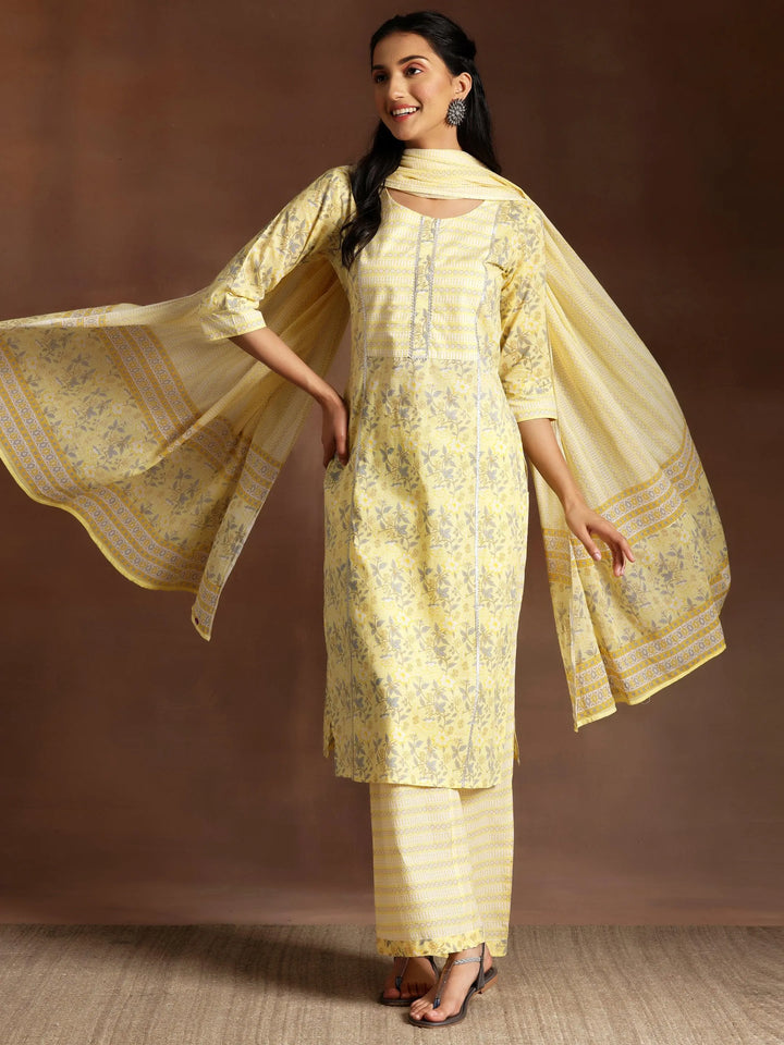 Yellow Printed Cotton Straight Suit With Dupatta - Libas