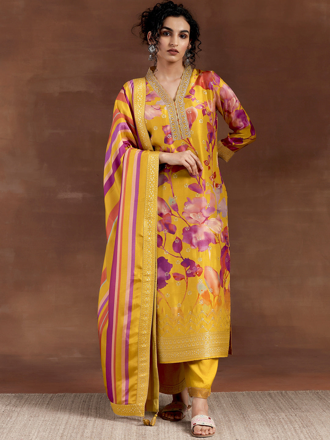 Mustard Printed Silk Blend Straight Suit With Dupatta-image-37