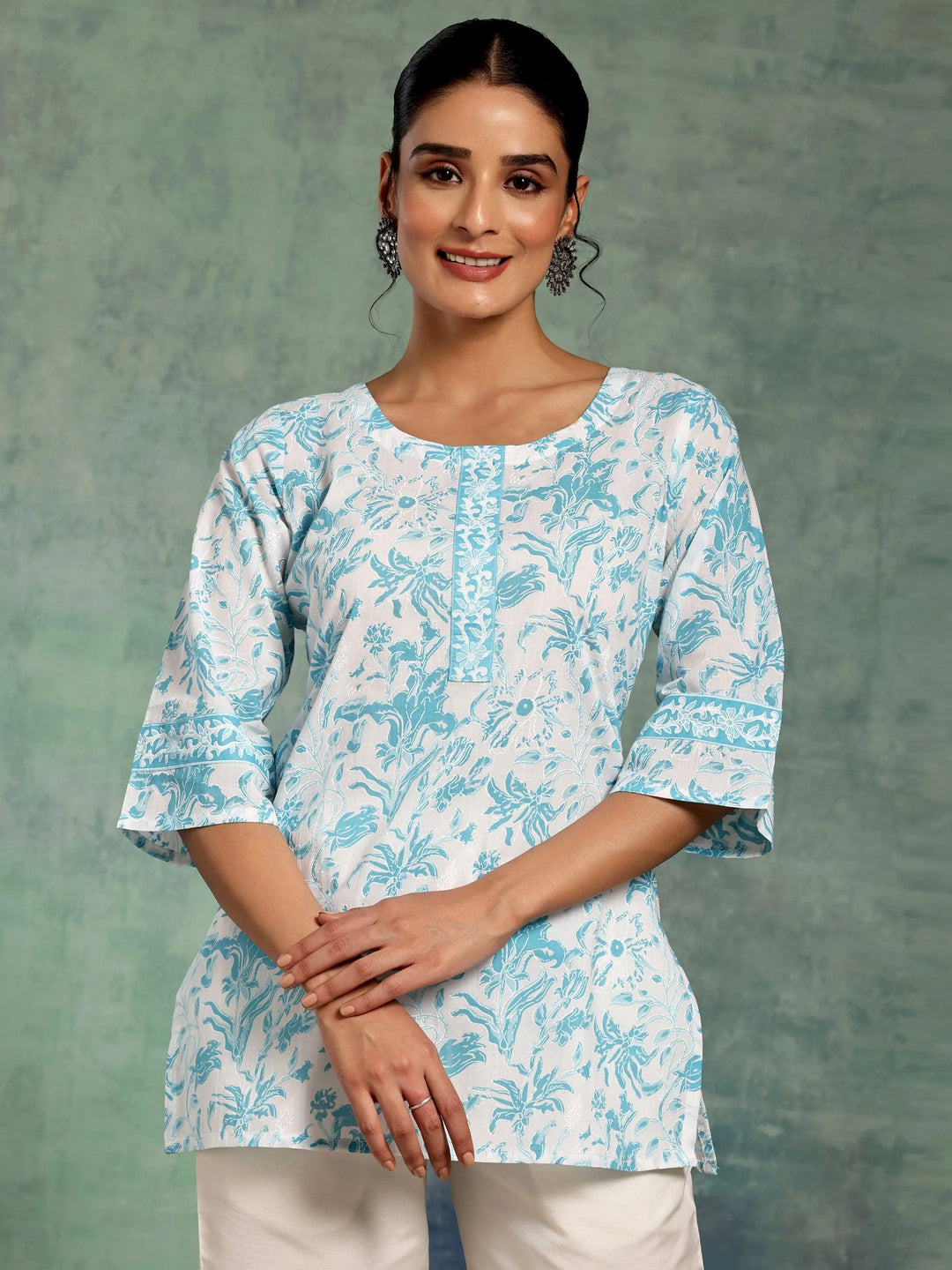 White Printed Cotton Straight Kurti - Libas 