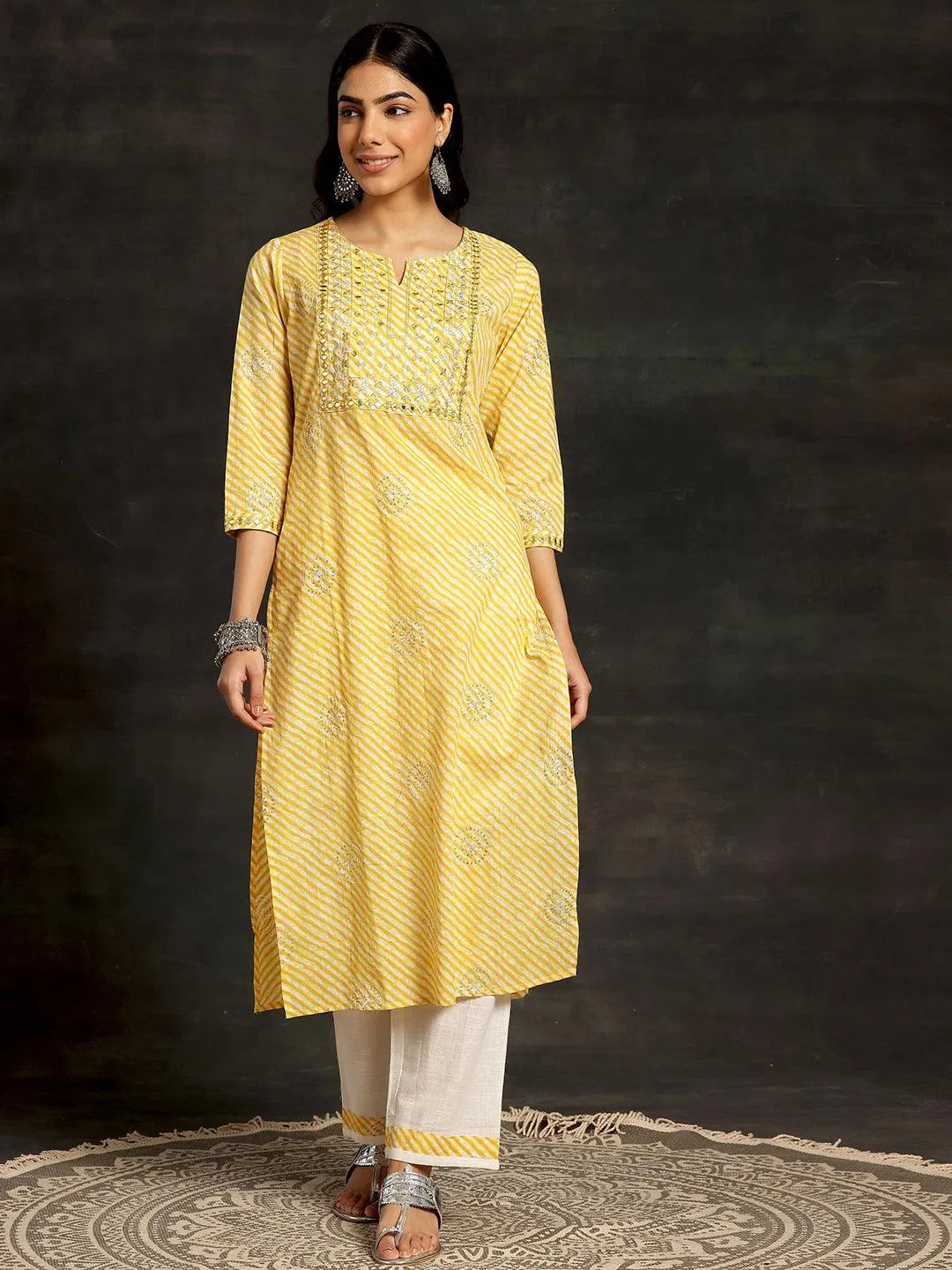 Yellow Printed Cotton Straight Kurta Set - Libas 