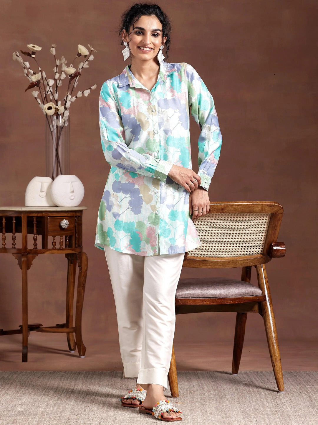  Green Printed Silk Blend Straight Kurti 