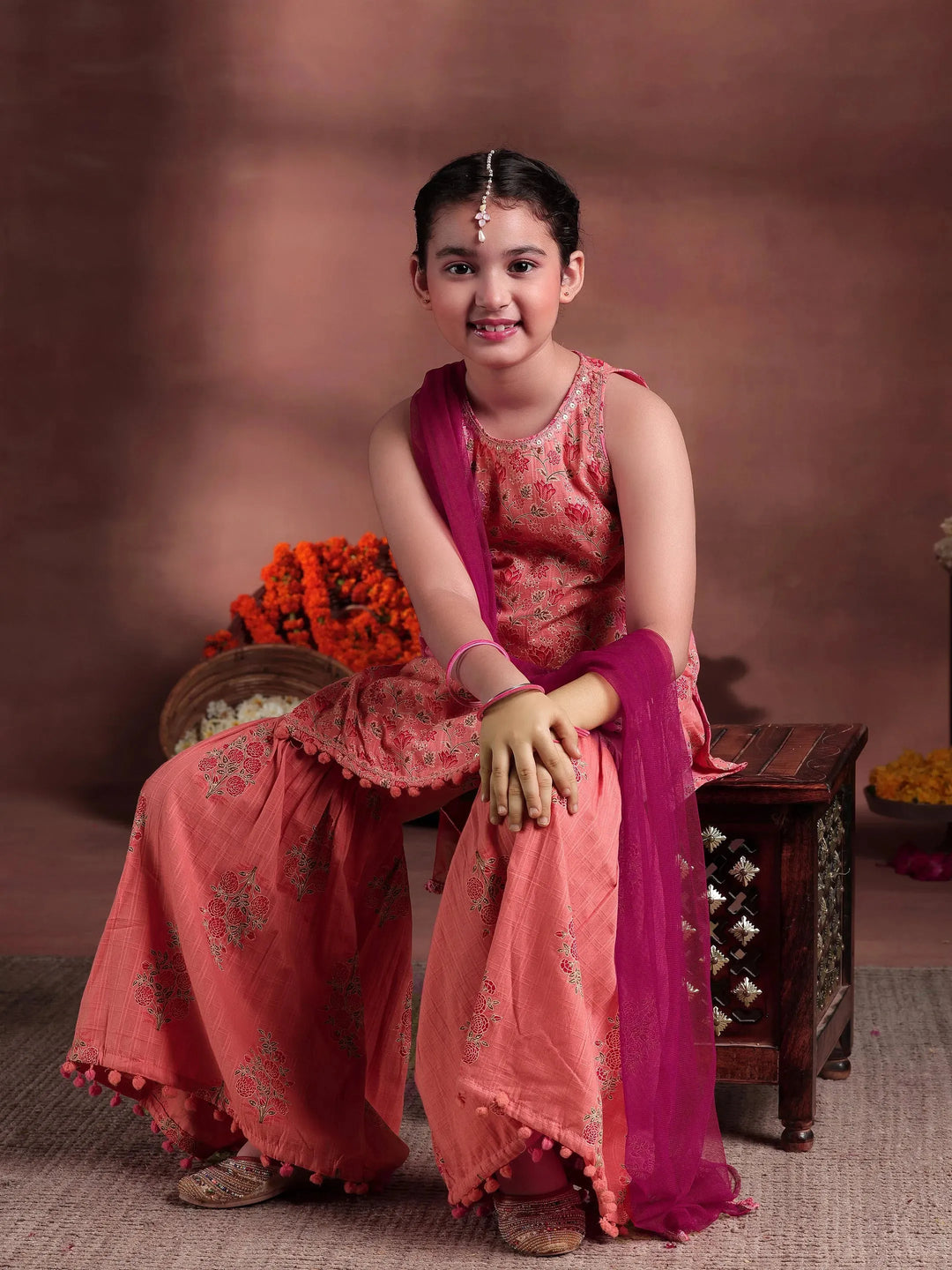  Kids Peach Printed Cotton Straight Suit With Dupatta 