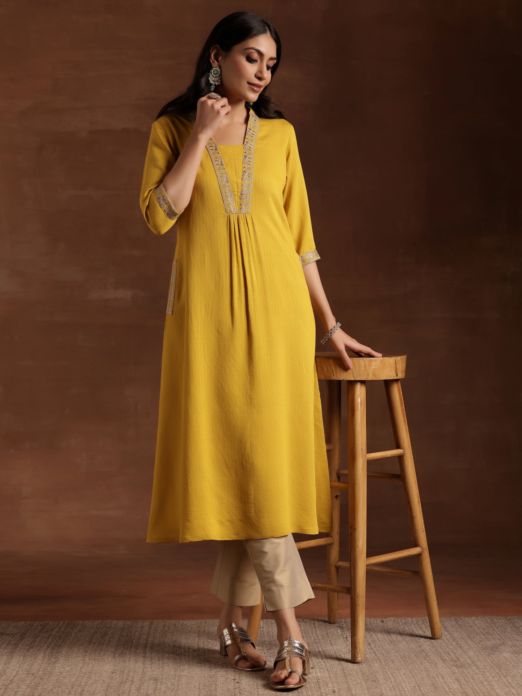 libas Yellow Yoke Design Silk A-Line Kurta-picture-34