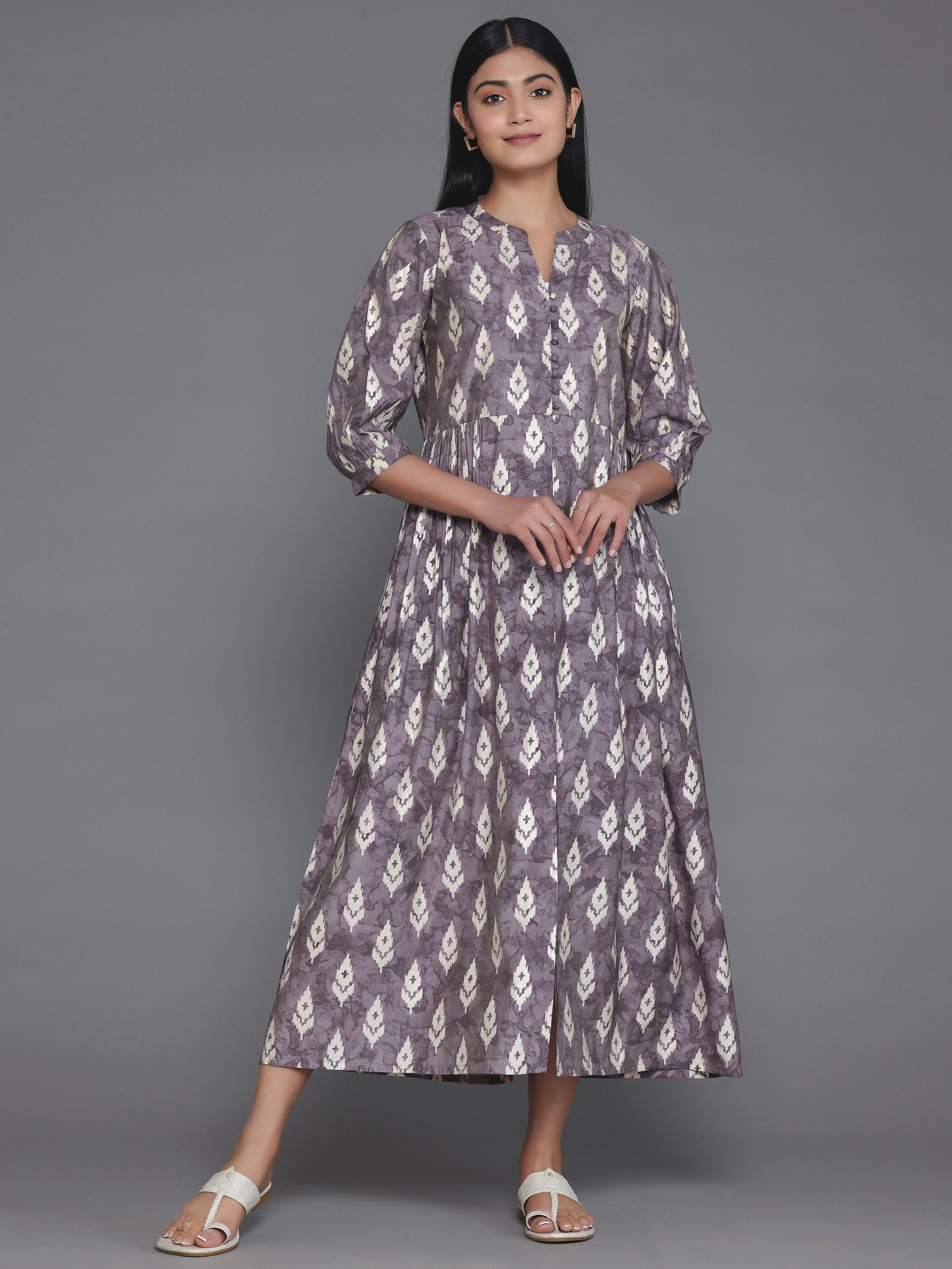 Mauve Printed Silk Fit and Flare Dress