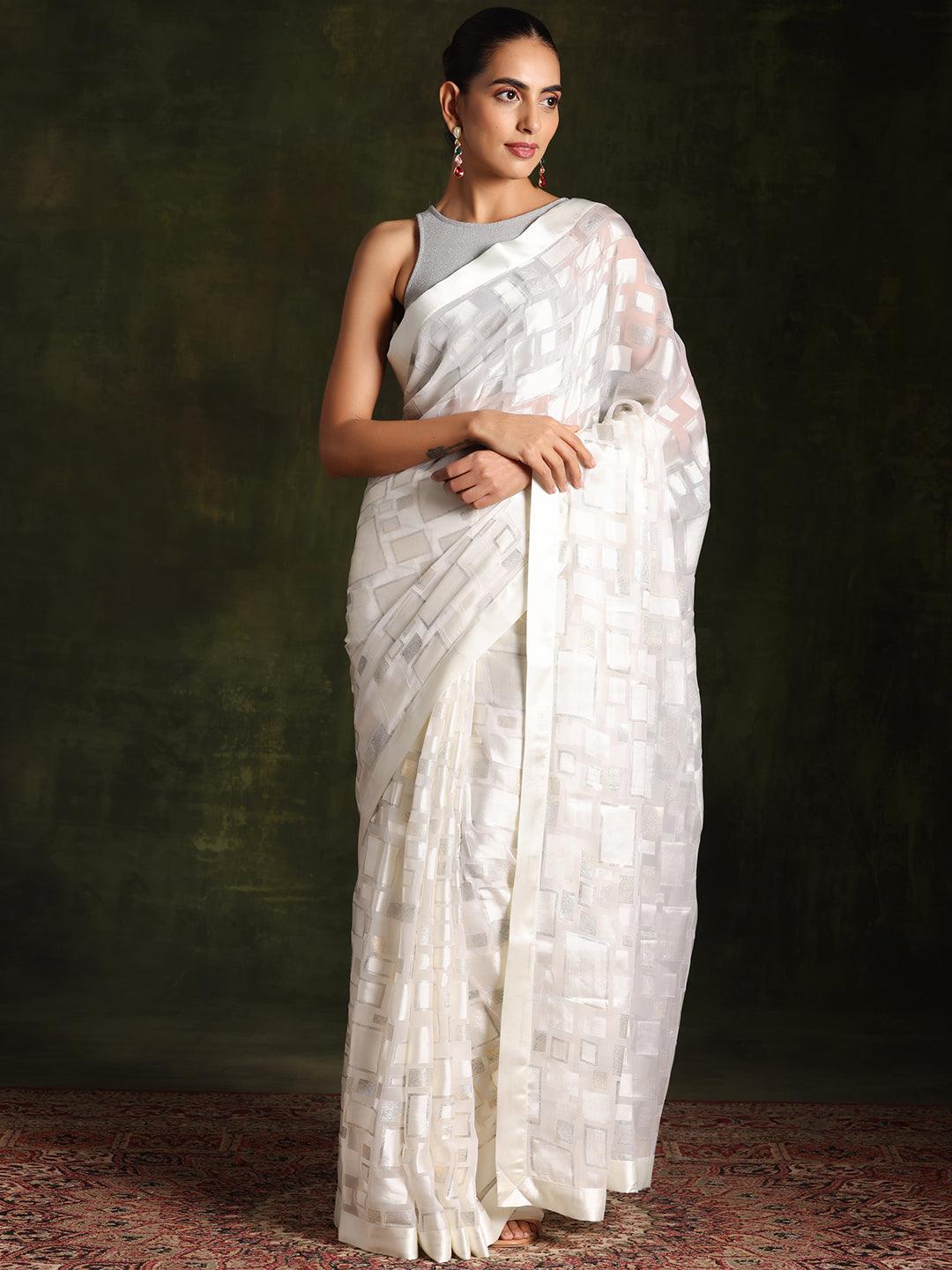 Off White Woven Design Brasso Saree With Unstitched Blouse Piece