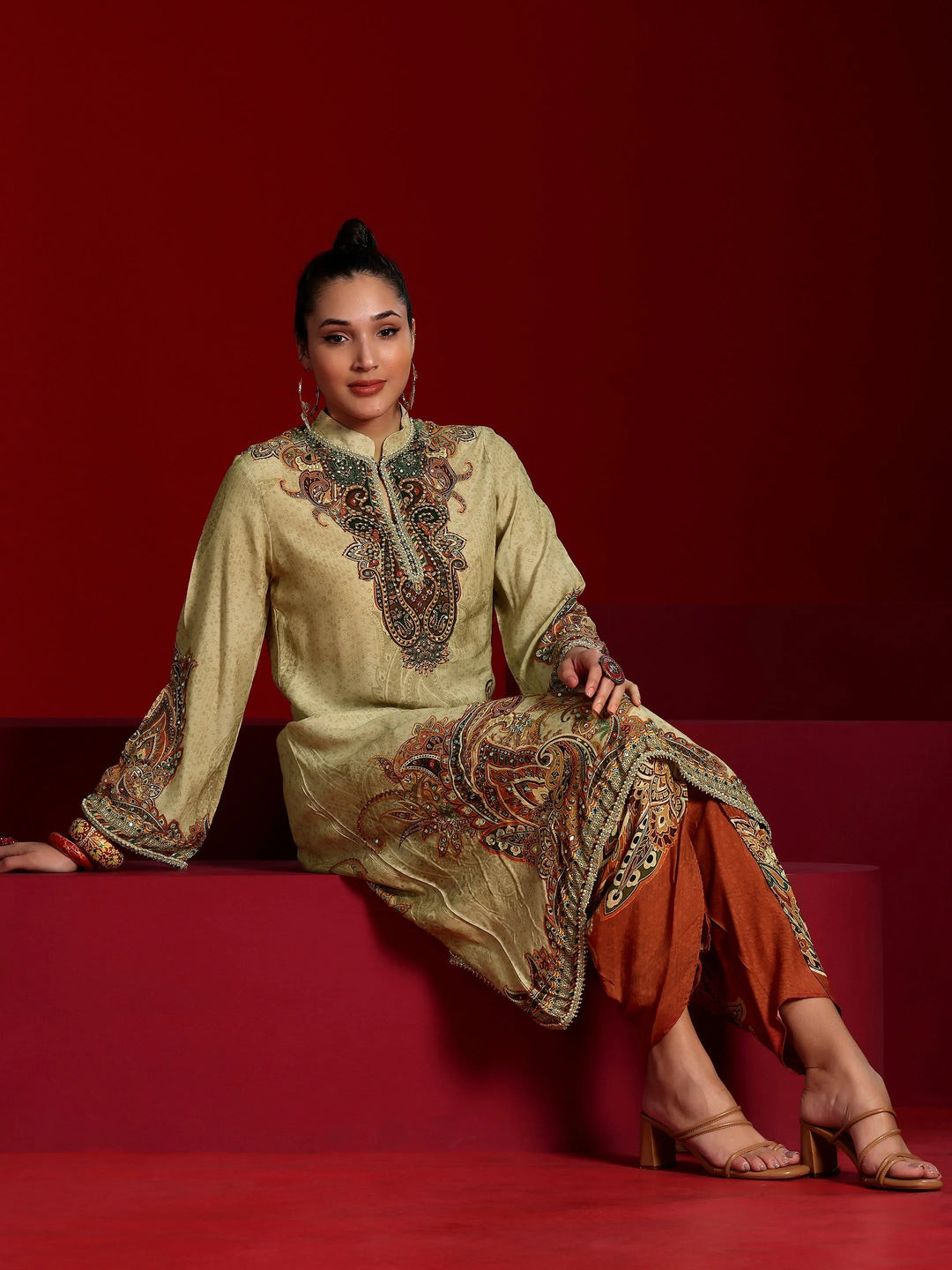  Libas Art Beige Printed Silk Blend Co-Ords 