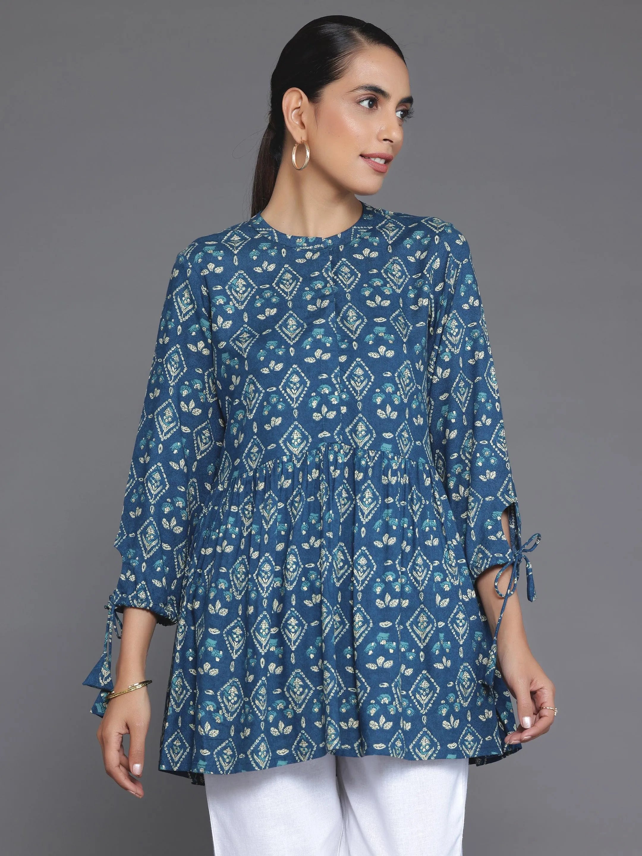 libas Blue Printed Rayon A-Line Kurti-picture-11