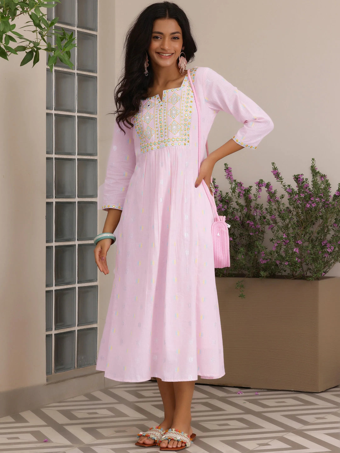  Pink Self Design Cotton A-Line Dress 