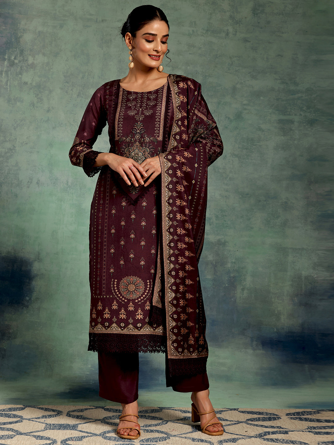 libas Wine Printed Silk Blend Straight Suit Set With Dupatta-picture-23