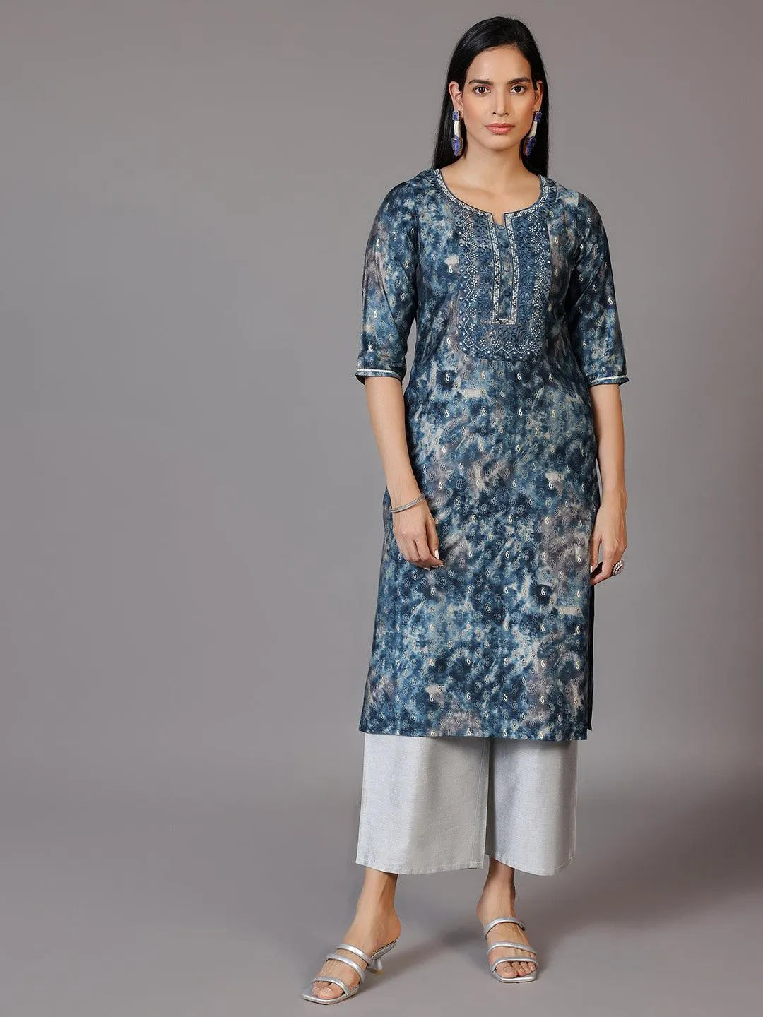 Navy Blue Yoke Design Silk Straight Kurta - Libas 