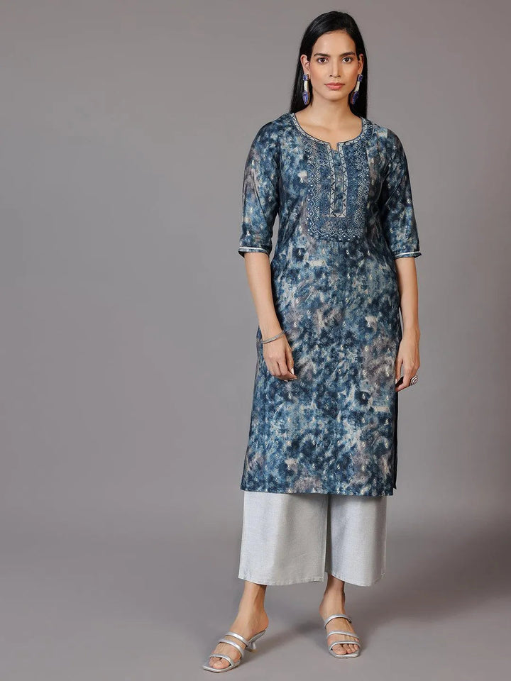 Navy Blue Yoke Design Silk Straight Kurta - Libas