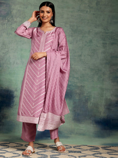 Lilac Woven Design Silk Blend Straight Suit With Dupatta - Libas
