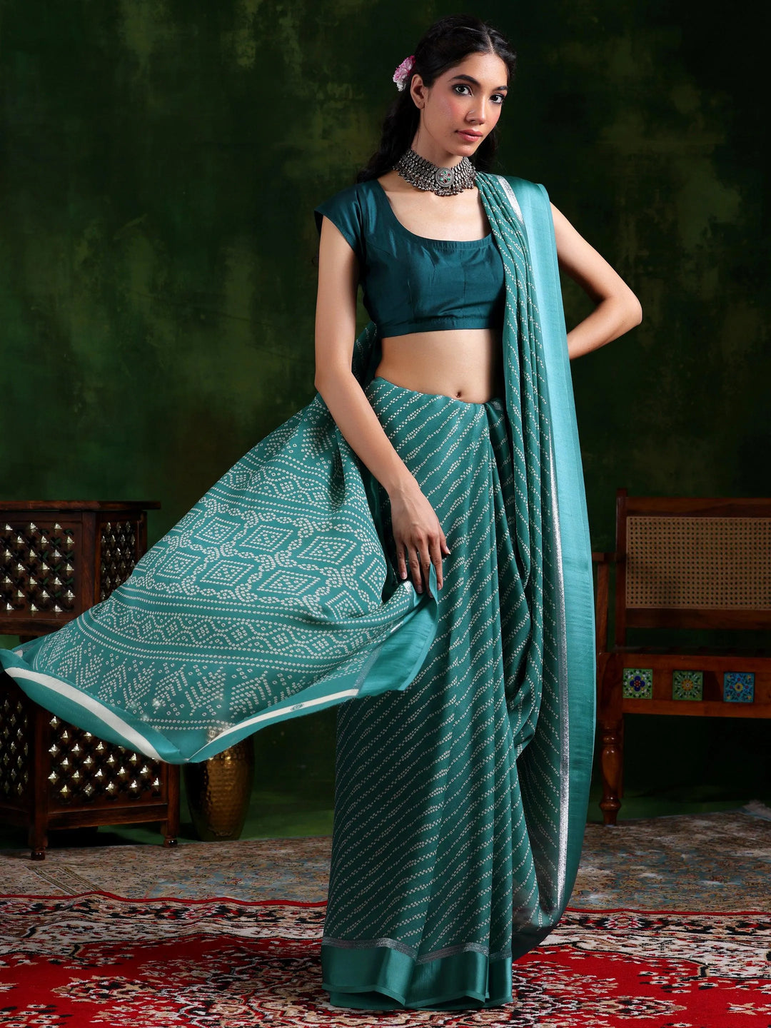 Green Printed Satin Saree With Unstitched Blouse Piece - Libas 