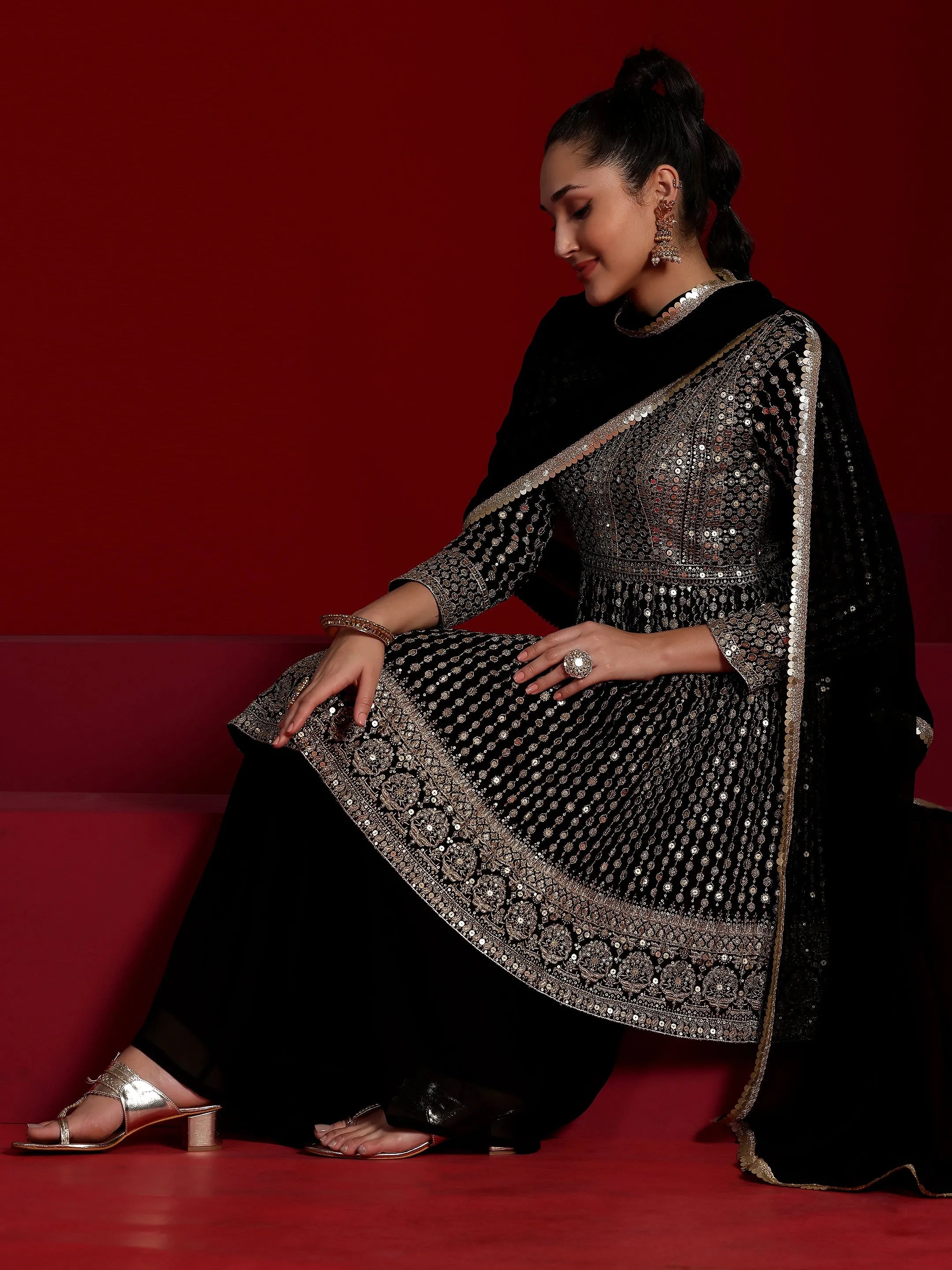 Libas Art Black Embroidered Georgette A-Line Kurta With Palazzos & Dupatta-picture-29