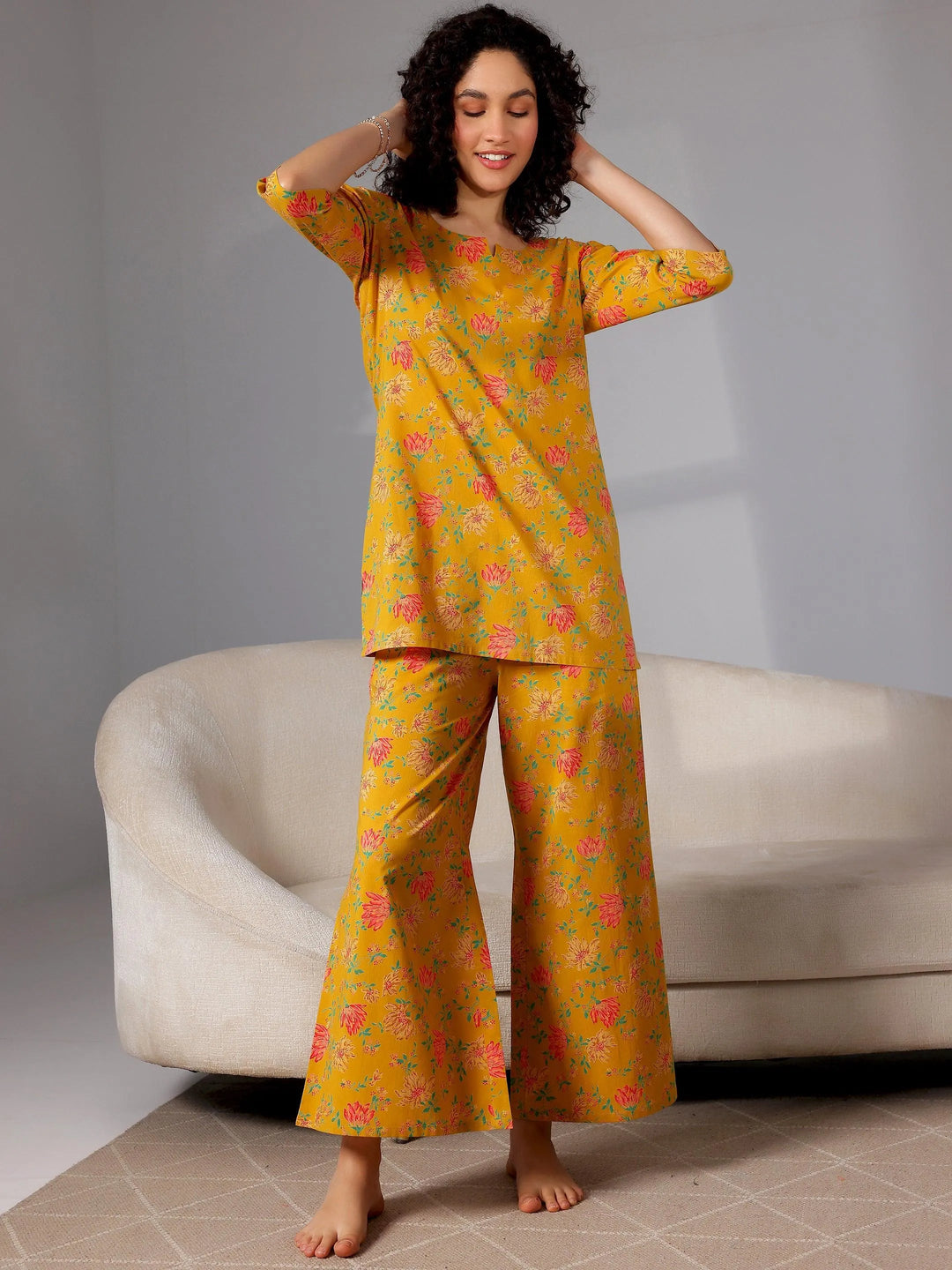 Mustard Printed Cotton Night Suits - Libas 
