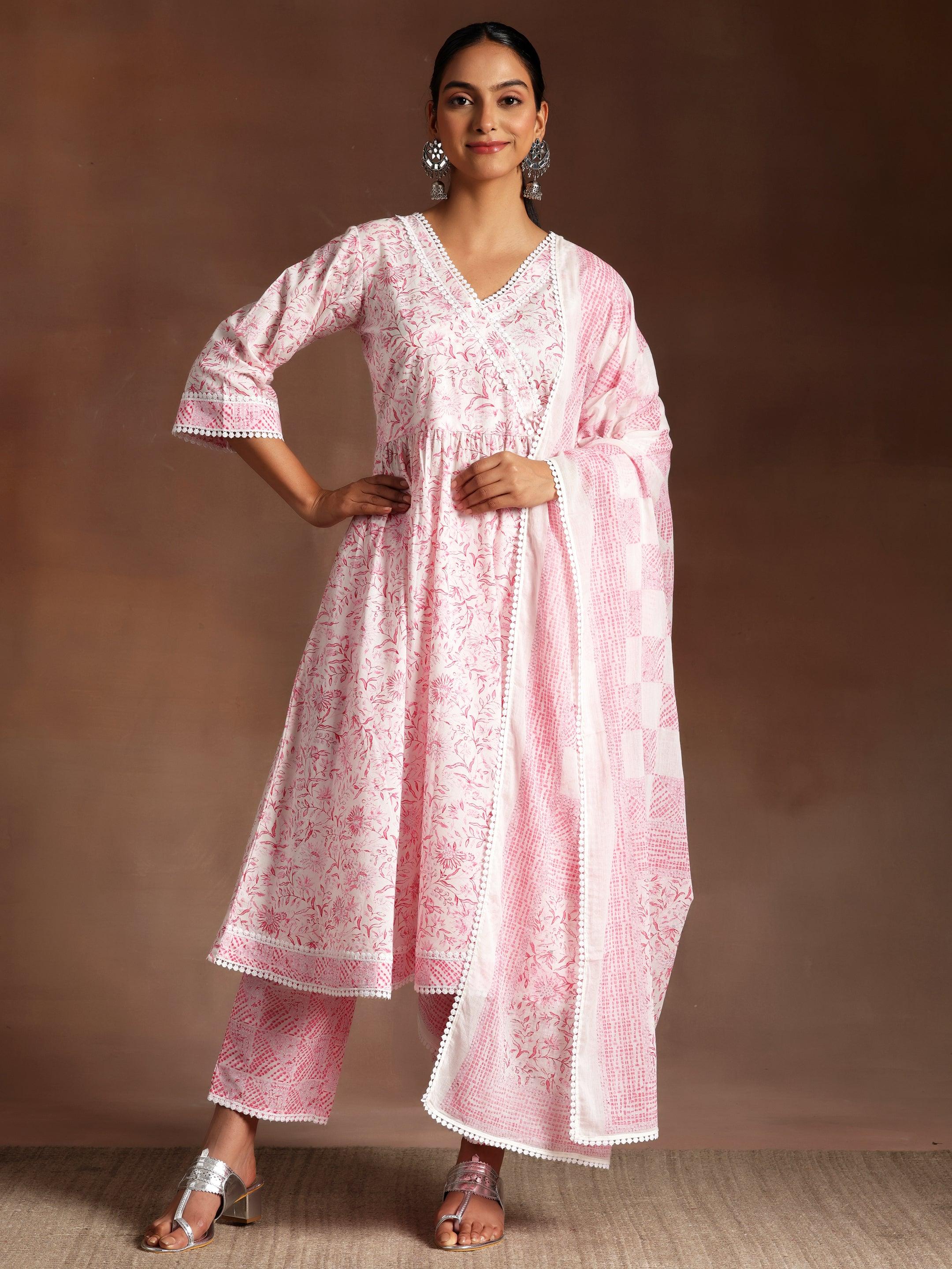 Tabassum Pink Printed Cotton A-Line Kurta With Palazzos & Dupatta