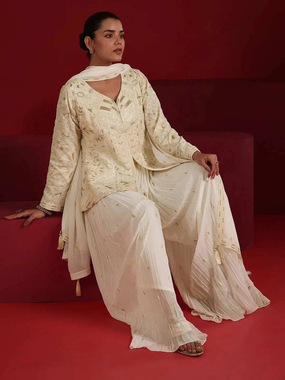 Libas Art Off White Embroidered Georgette A-Line Suit Set With Dupatta