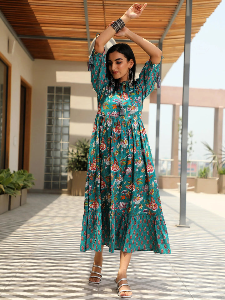 Blue Printed Cotton Fit and Flare Dress - Libas