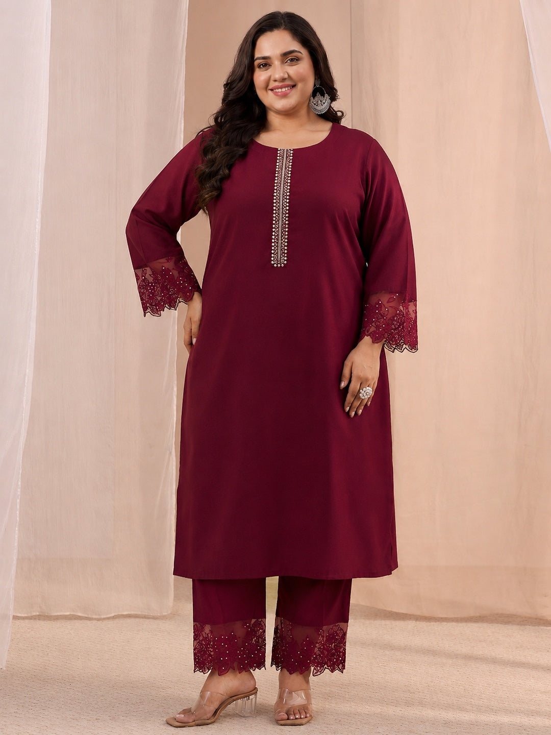  Plus Size Maroon Solid Silk Blend Straight Suit Set 