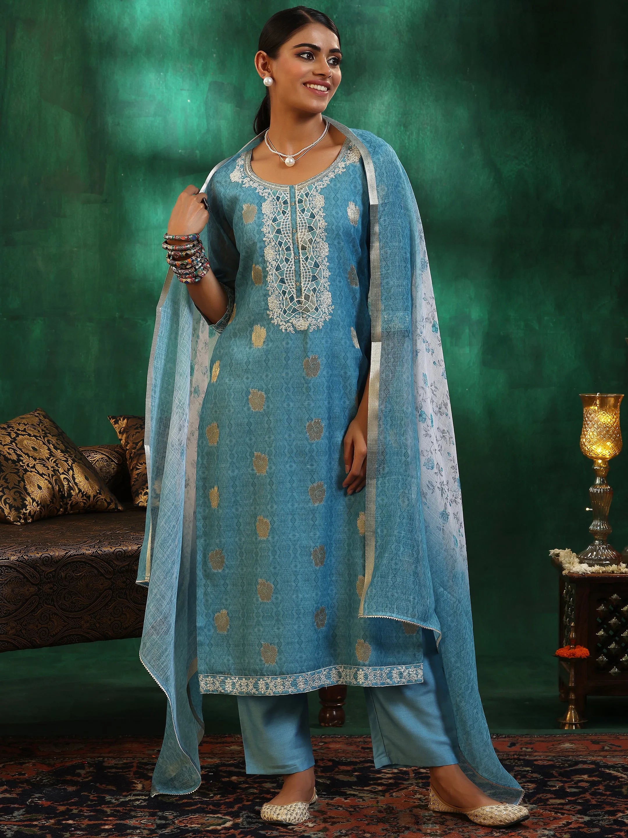 libas Turquoise Blue Printed Silk Blend Straight Suit With Dupatta-picture-19