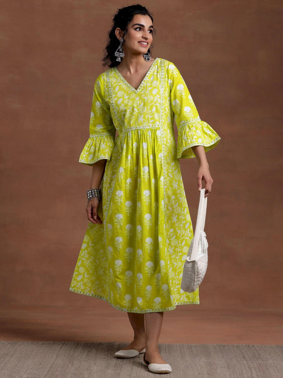 Neon Green Printed Cotton A-Line Dress - Libas 
