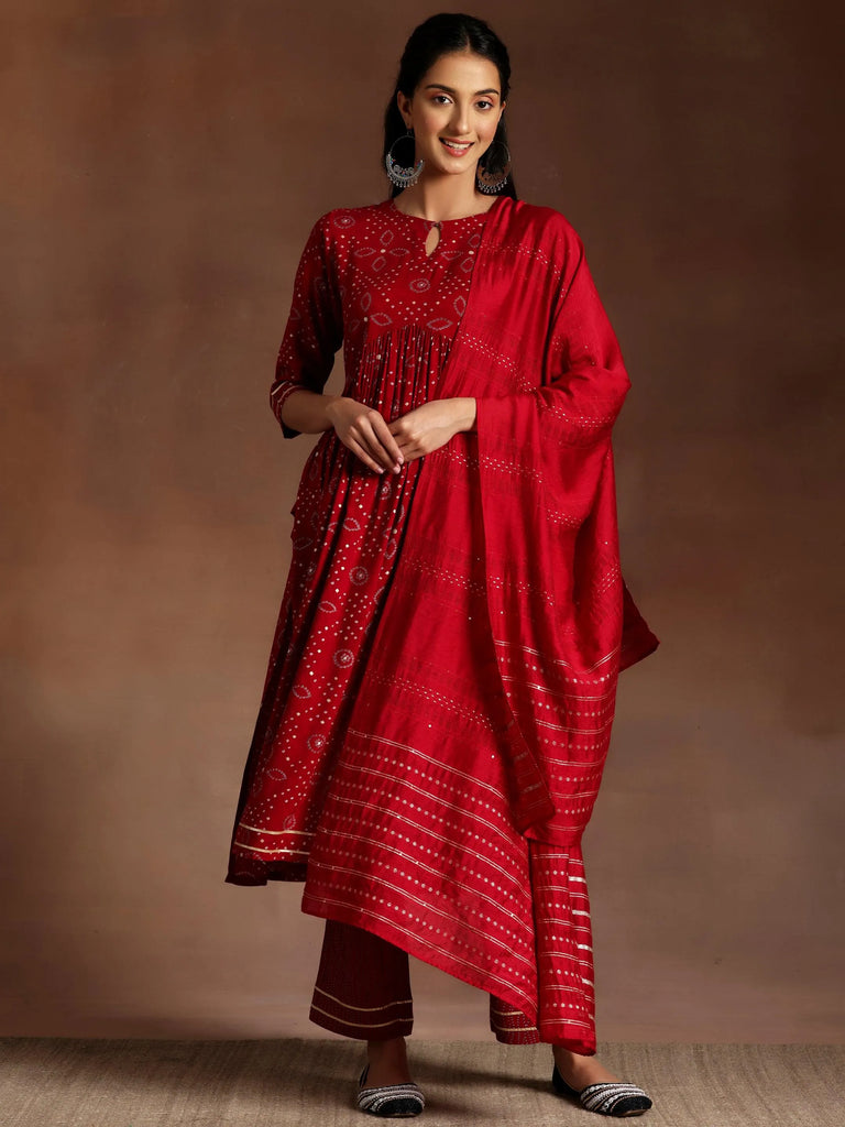 Libas Zainab Red Printed Rayon A-Line Kurta With Palazzos & Dupatta