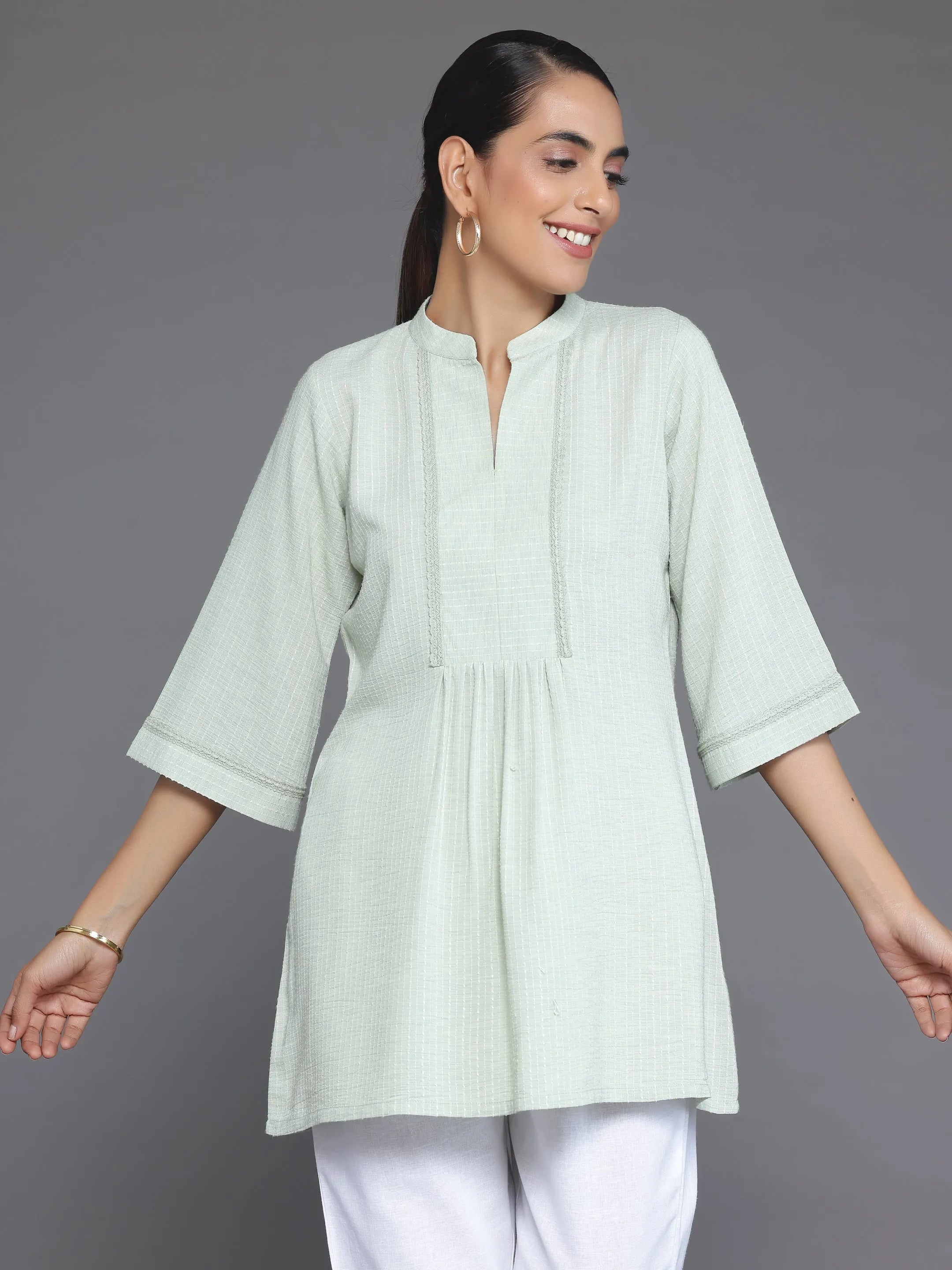 Green Woven Design Cotton Blend Straight Kurti-image-29