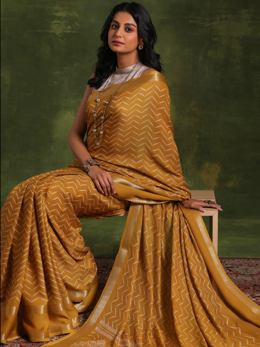 Mustard Printed Silk Blend Saree With Unstitched Blouse Piece - Libas 
