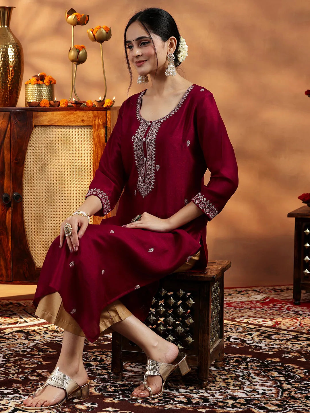 libas Maroon Embroidered Silk Straight Kurta-picture-21