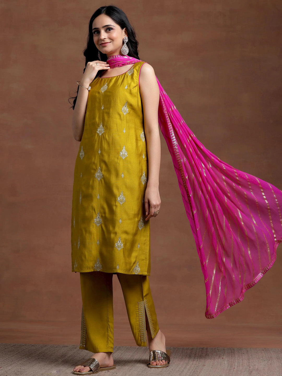Mustard Embroidered Silk Blend Straight Suit With Dupatta - Libas 