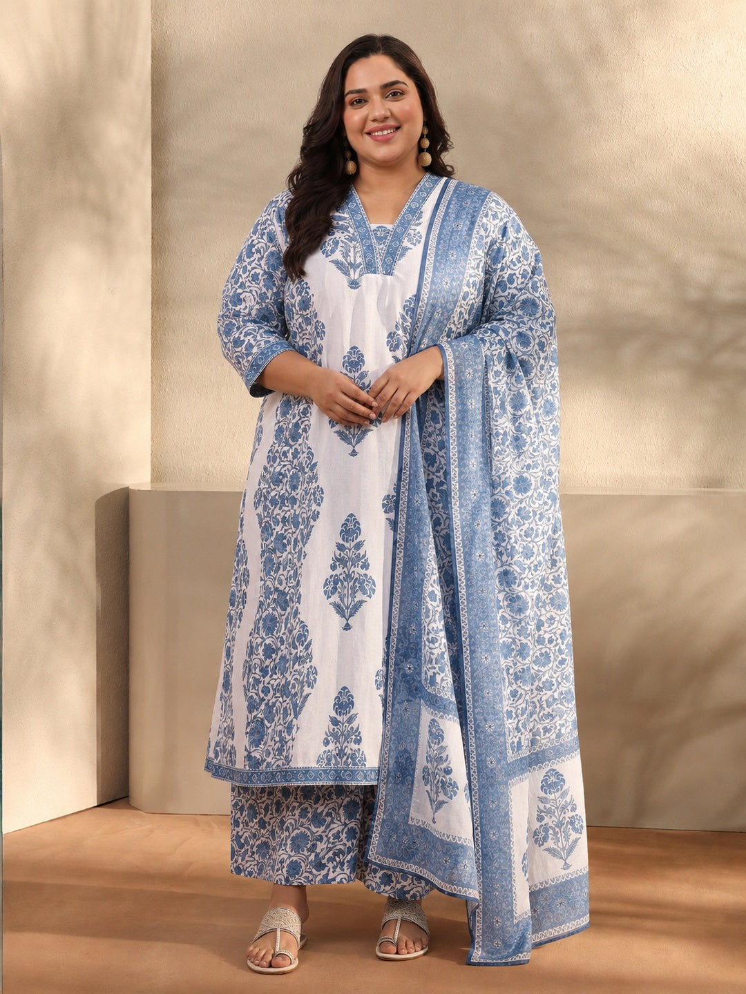  Plus Size Blue Floral Printed Cotton Blend Anarkali Suit Set 