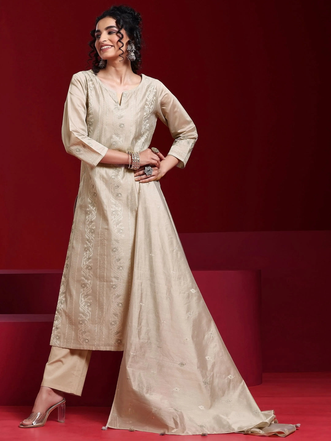  Libas Art Grey Embroidered Chanderi Silk Straight Suit With Dupatta 