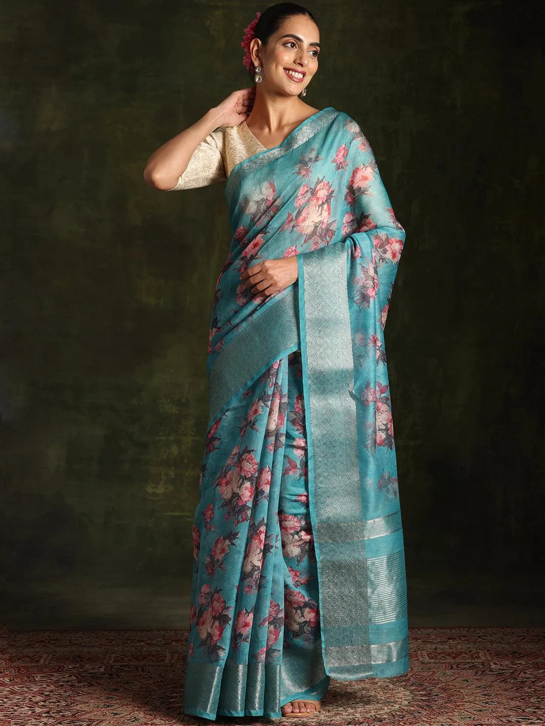 Rama Green Printed Silk Blend Saree With Unstitched Blouse Piece - Libas