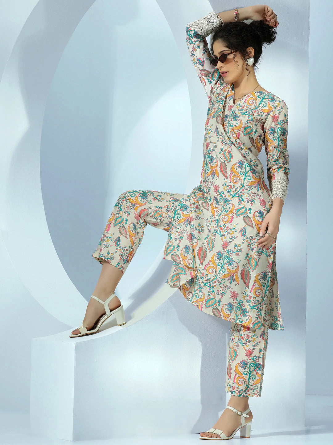  Off White Printed Silk Blend Co-Ords 