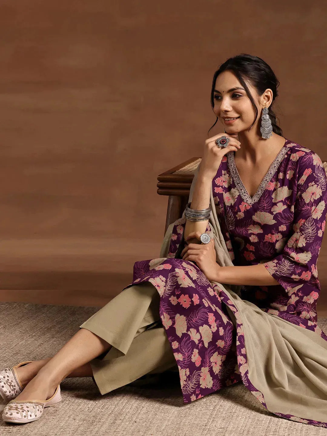  Wine Printed Cotton Straight Suit With Dupatta 