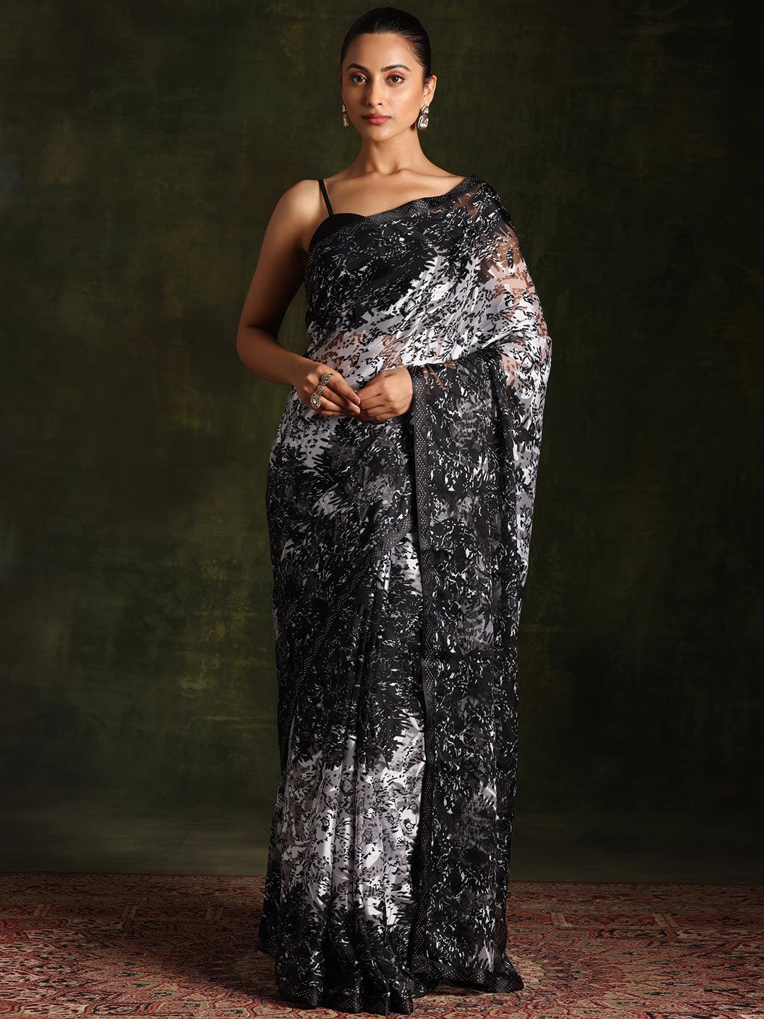 Black Printed Brasso Saree With Unstitched Blouse Piece
