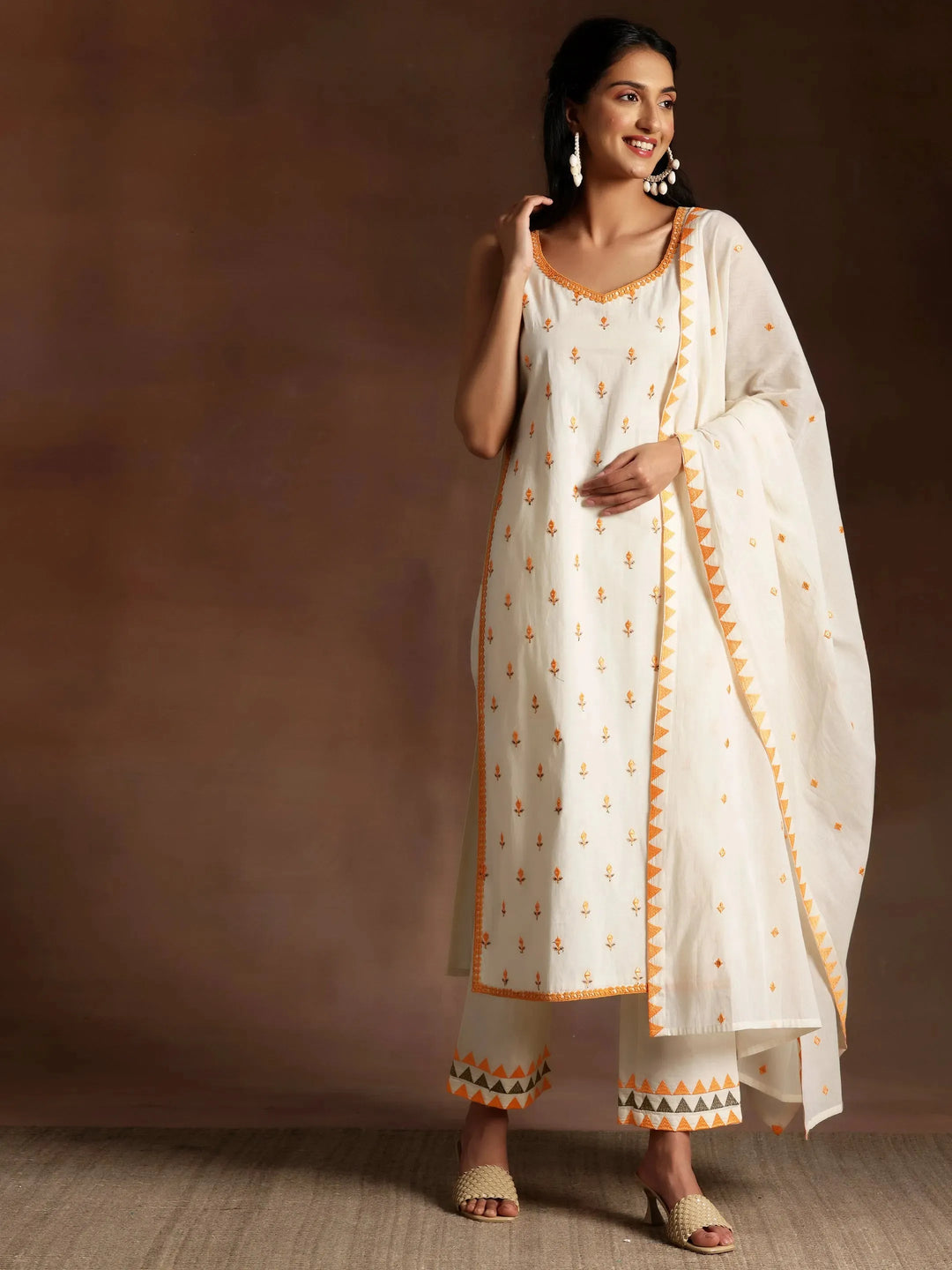  Off White Embroidered Cotton Straight Suit With Dupatta 