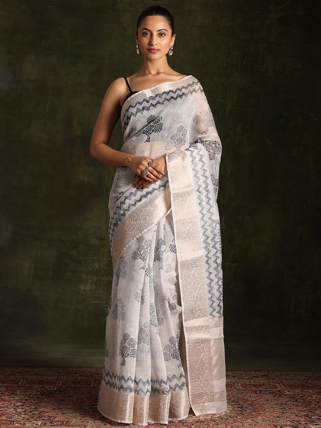Grey Printed Silk Blend Saree With Unstitched Blouse Piece - Libas