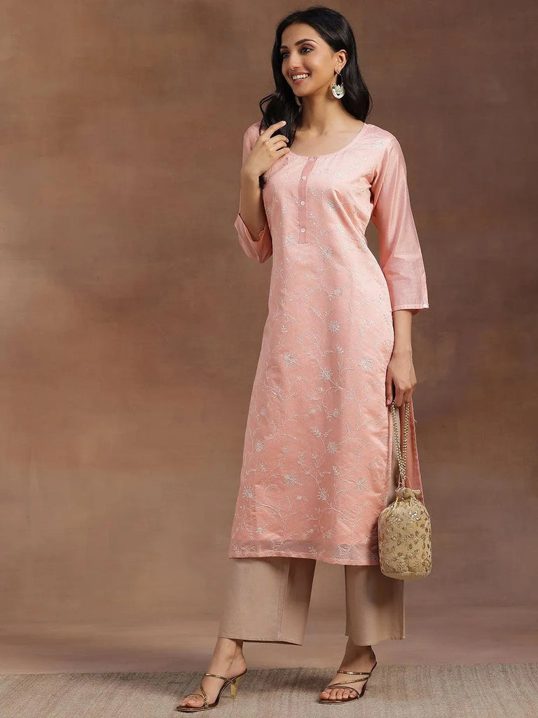 Libas Peach Embroidered Chanderi Silk Straight Kurta