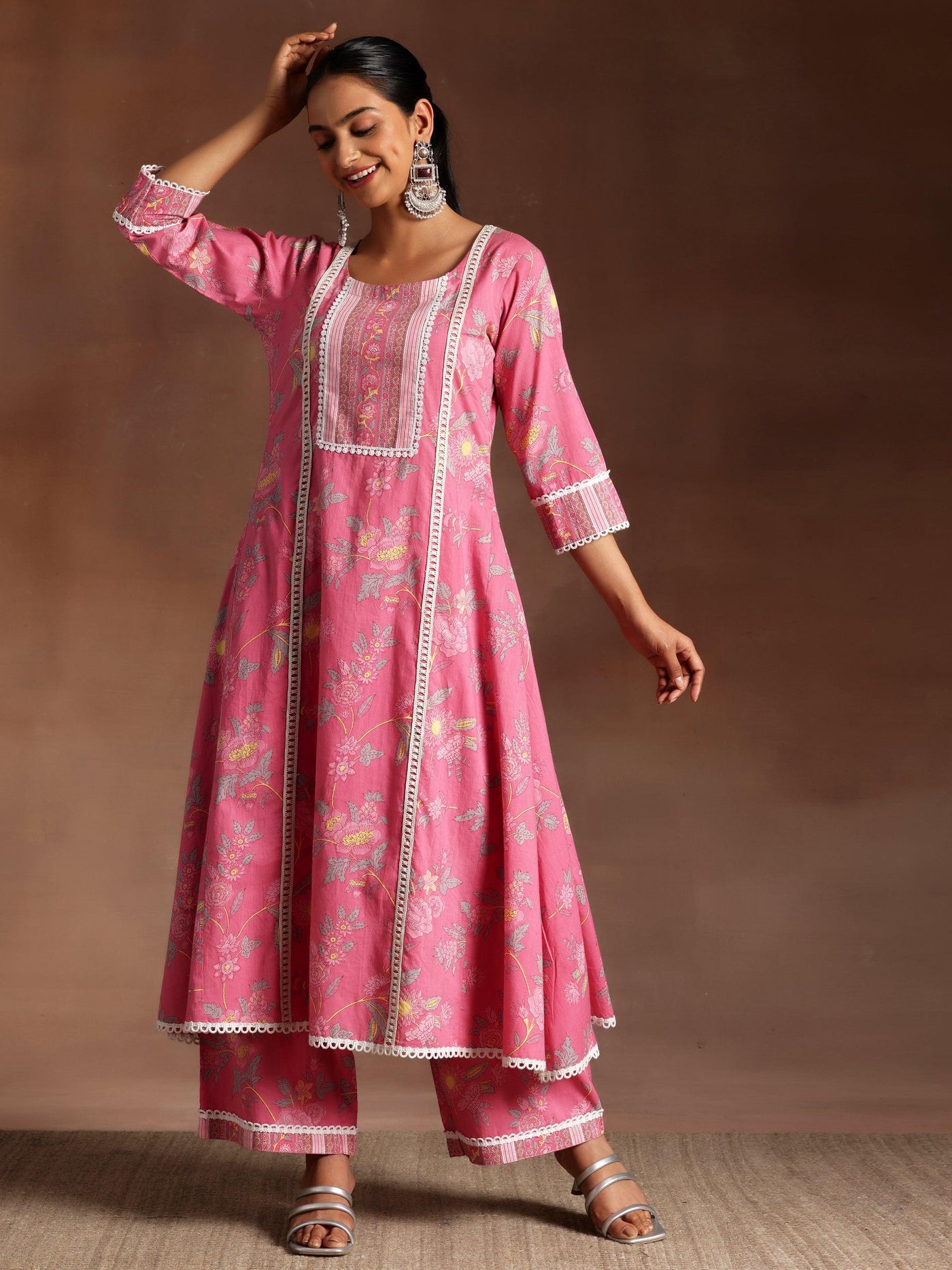 Rukhsaar Pink Printed Cotton A-Line Kurta With Palazzos - Libas