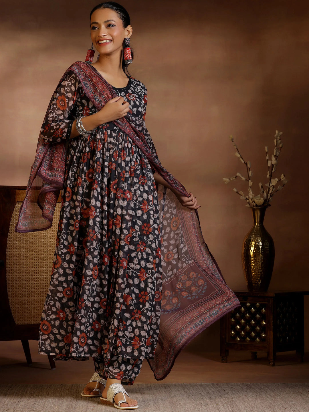  Black Printed Poly Chiffon A-Line Kurta With Palazzos & Dupatta 