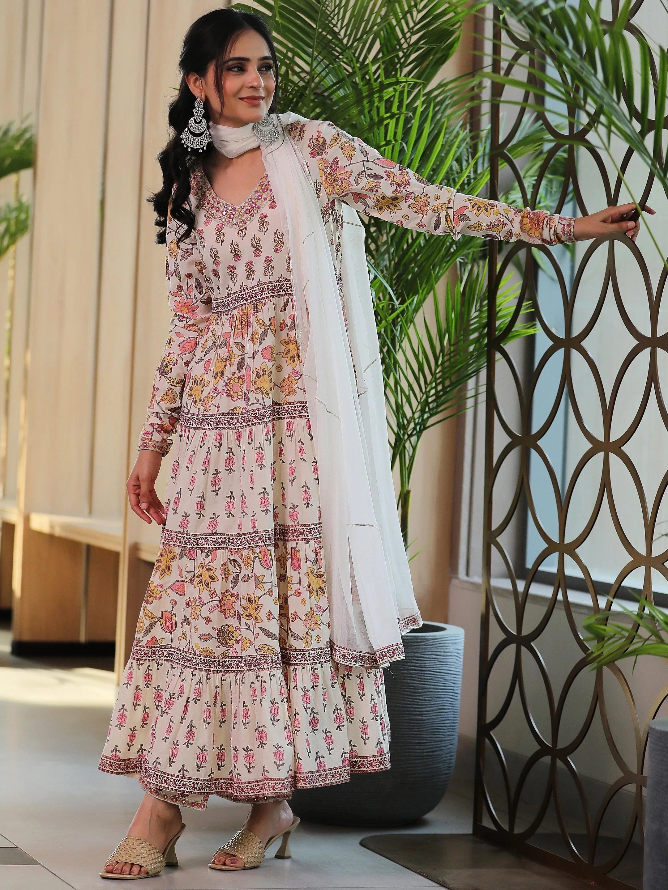 libas Off white Printed Cotton A-Line Kurta With Palazzos & Dupatta-picture-25