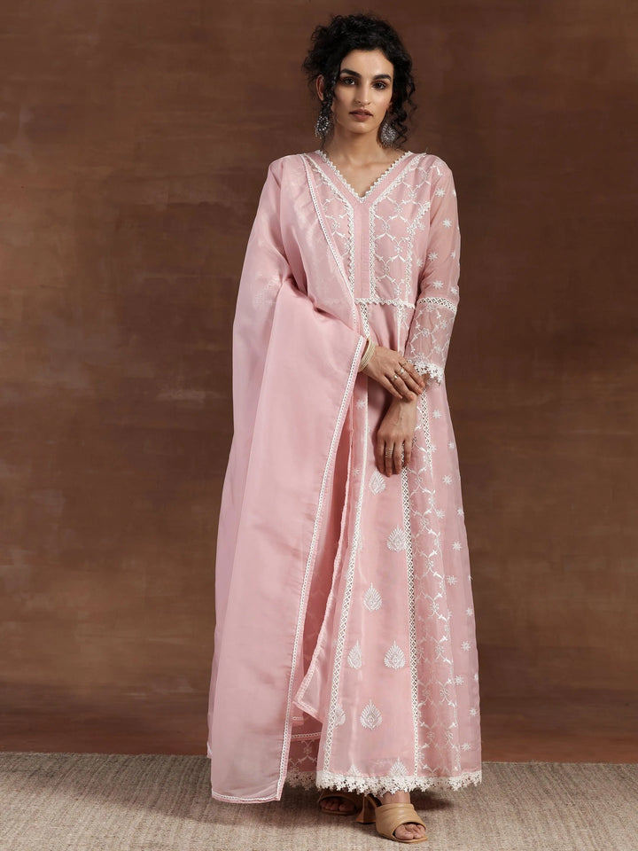 Pink Embroidered Organza A-Line Kurta With Palazzos & Dupatta - Libas