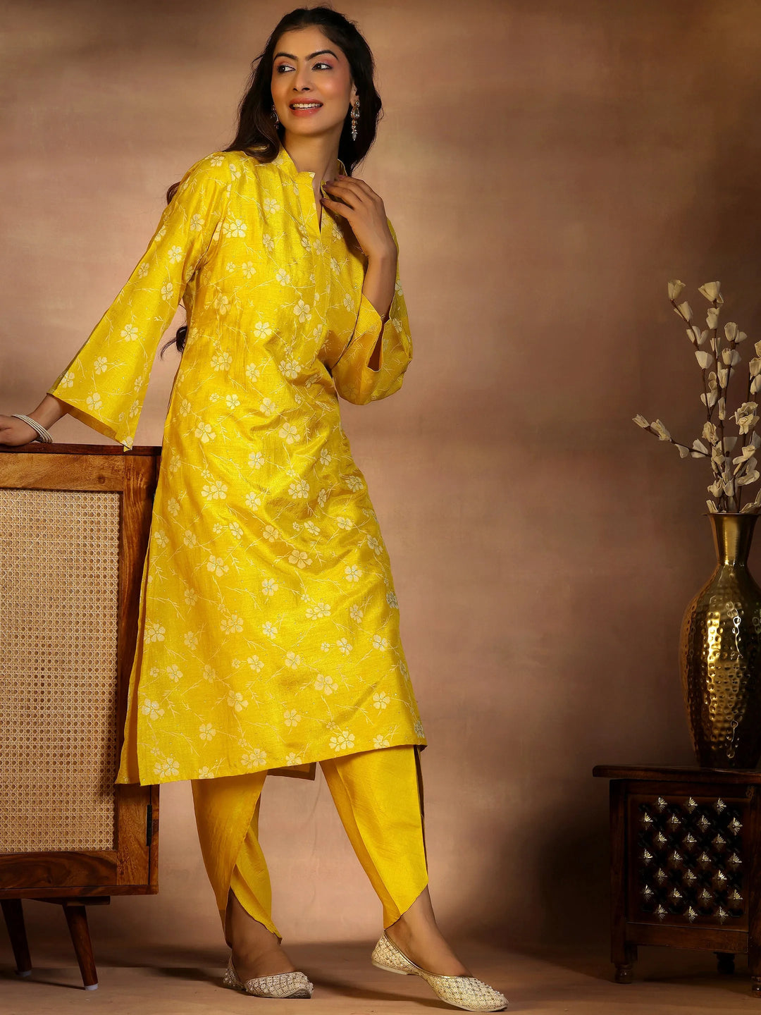  Mustard Printed Silk Blend Straight Kurta Set 