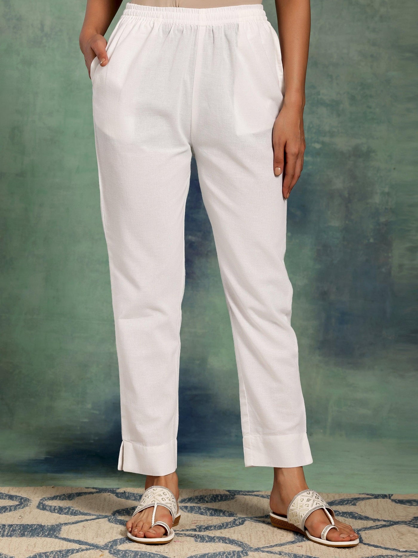 White Solid Cotton Straight Fit Trousers - Libas