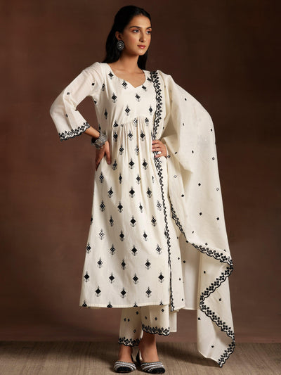 Off White Embroidered Cotton Anarkali Suit With Dupatta - Libas