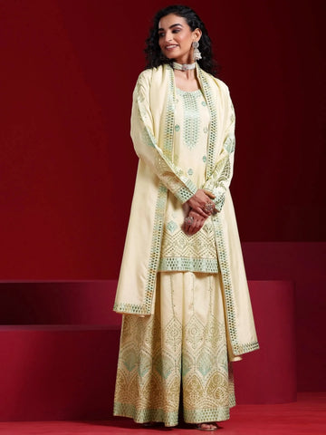 Libas Art Beige Embroidered Silk Blend Straight Suit With Dupatta