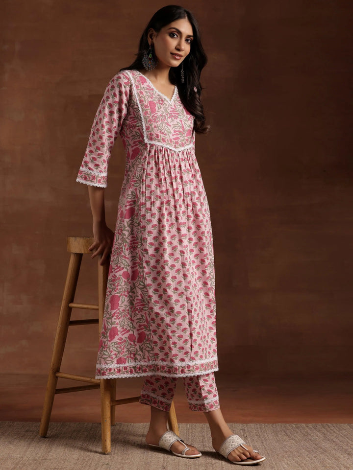 Pink Printed Cotton A-Line Kurta With Palazzos - Libas