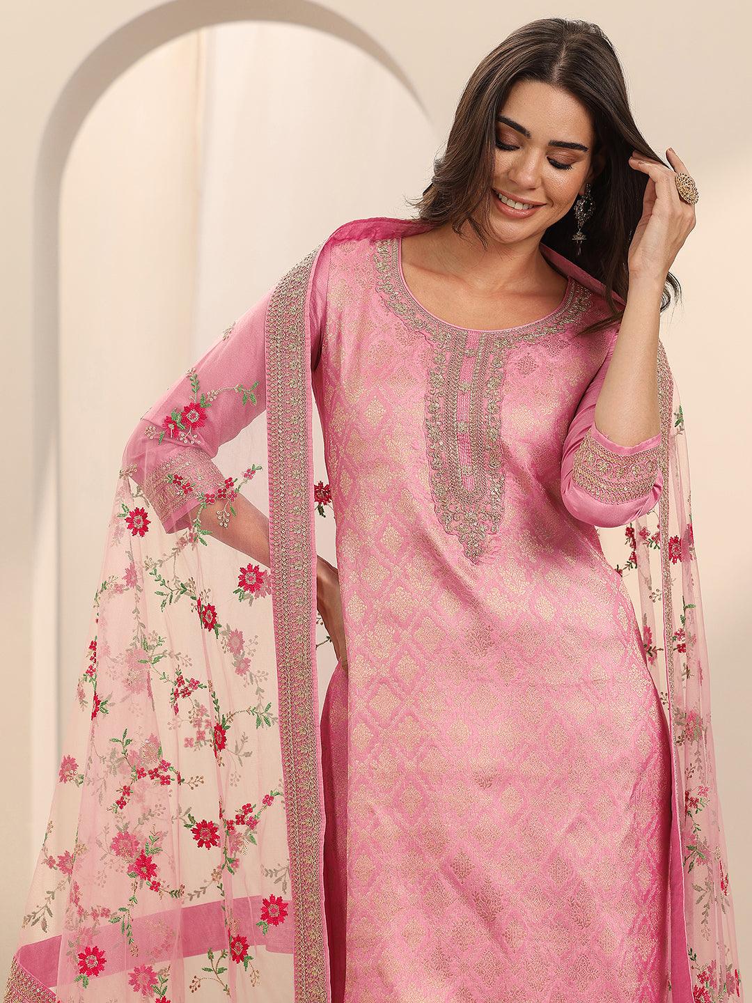  Pink Woven Design Silk Blend Straight Suit Set With Dupatta 